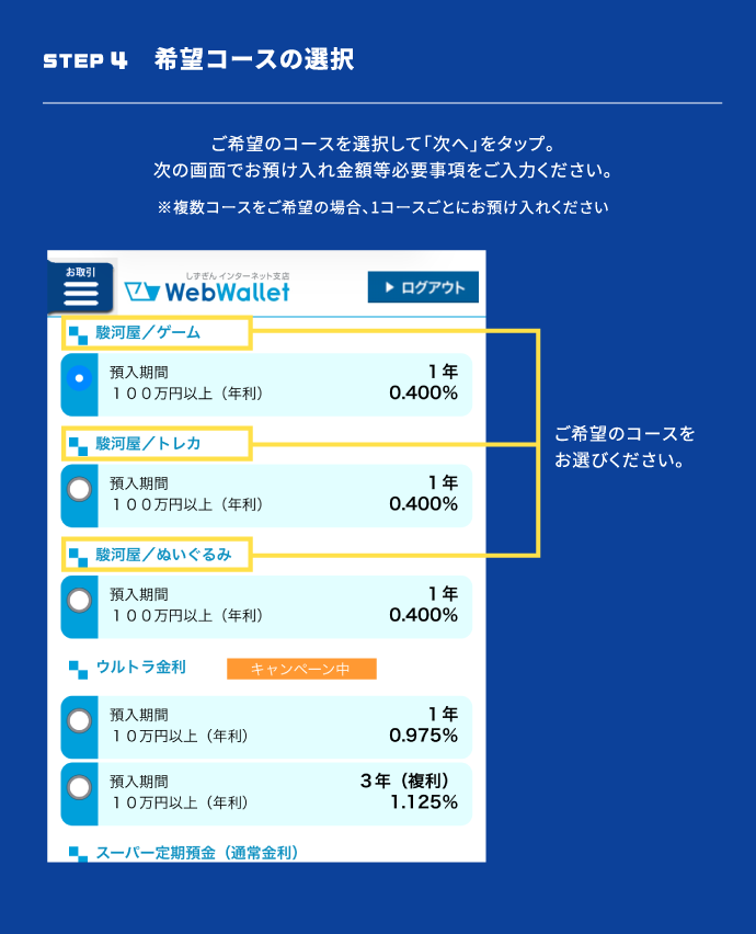STEP4 希望コースの選択　ご希望のコースを選択して「次へ」をタップ。次の画面でお預け入れ金額等必要事項をご入力ください。