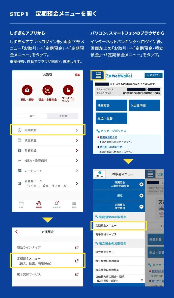 STEP1 定期預金メニューを開く　しずぎんアプリから：しずぎんアプリへログイン後、画面下部メニュー「お取引」→「定期預金」→「定期預金メニュー」をタップ。※操作後、自動でブラウザ画面へ遷移します。 パソコン、スマートフォンのブラウザから：インターネットバンキングへログイン後、画面左上の「お取引」→「定期預金・積立預金」→「定期預金メニュー」をタップ。